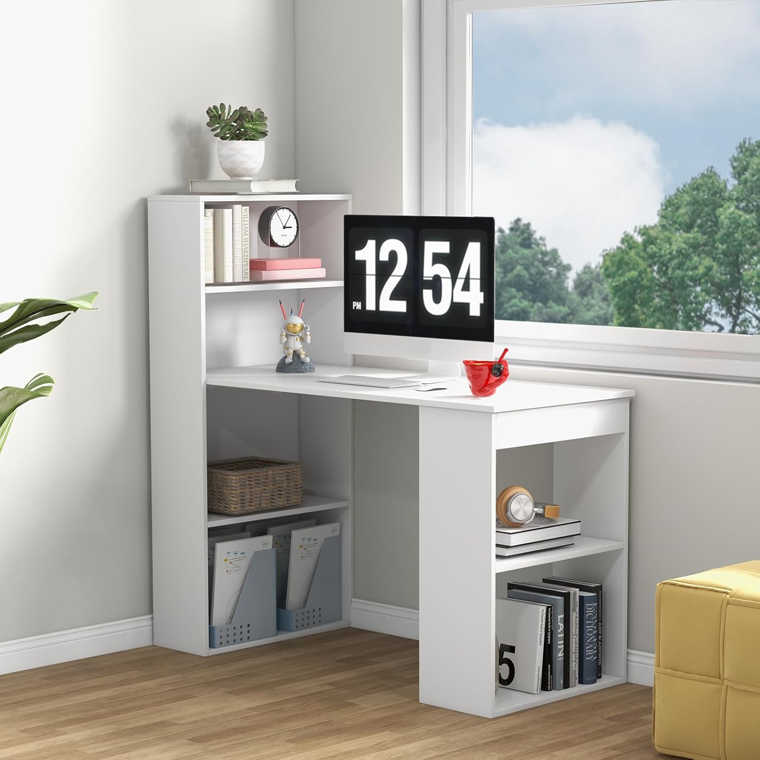 COSTWAY Schreibtisch mit Bücherregal, Computertisch mit 6 Regalen, PC-Tisch mit Regal rechts oder Links, Bürotisch, Arbeitstisch für Zuhause, Büro und Wohnheim, 122 x 56 x 122 cm, Weiß