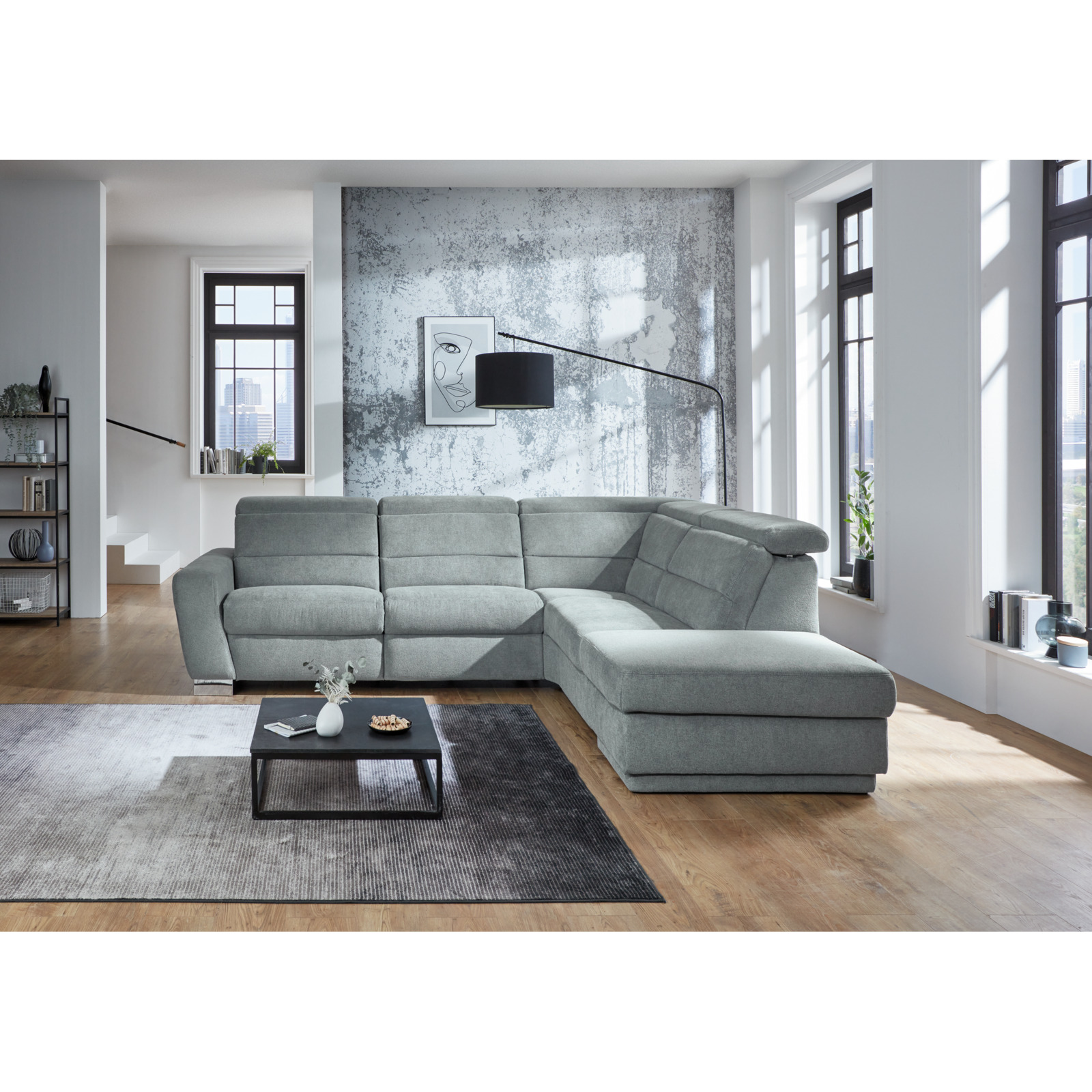 Ecksofa Regensburg Stoff steel, Ottomane rechts