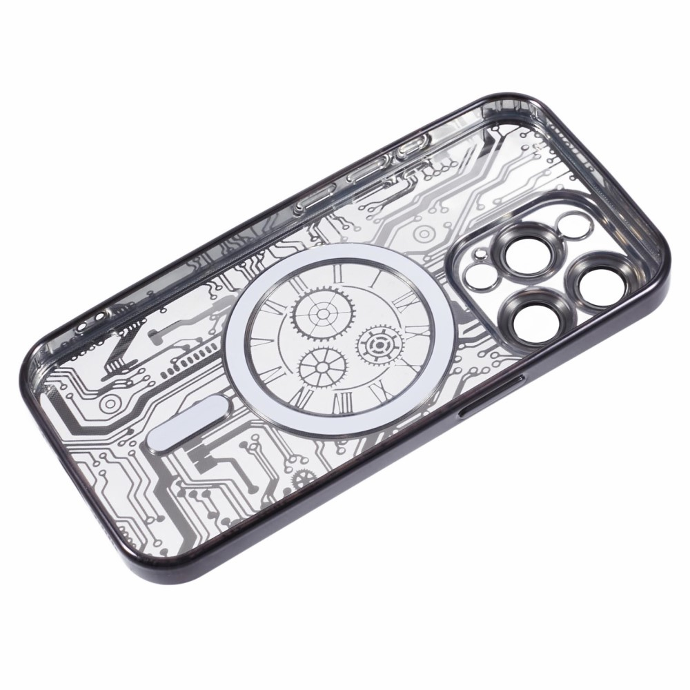 iPhone 15 Pro Max MagSafe Gummi Case Hülle Galvanisierter Rahmen im Mechanischen Zahnrad Design   Kameraglasschutz - Schwarz