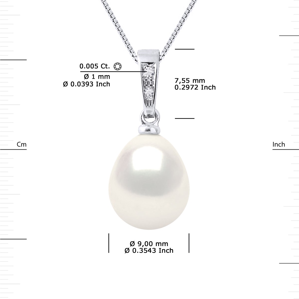 Pendentif Diamants 0,010 Cts Perle de Culture d'Eau Douce Poire 9-10 mm Blanche Or Blanc