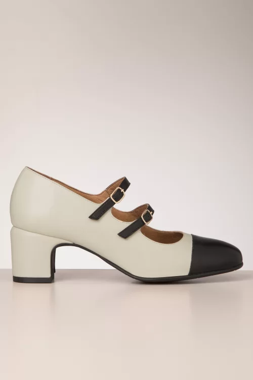 La Veintinueve Marcela lederen blokhak pumps in beige en zwart