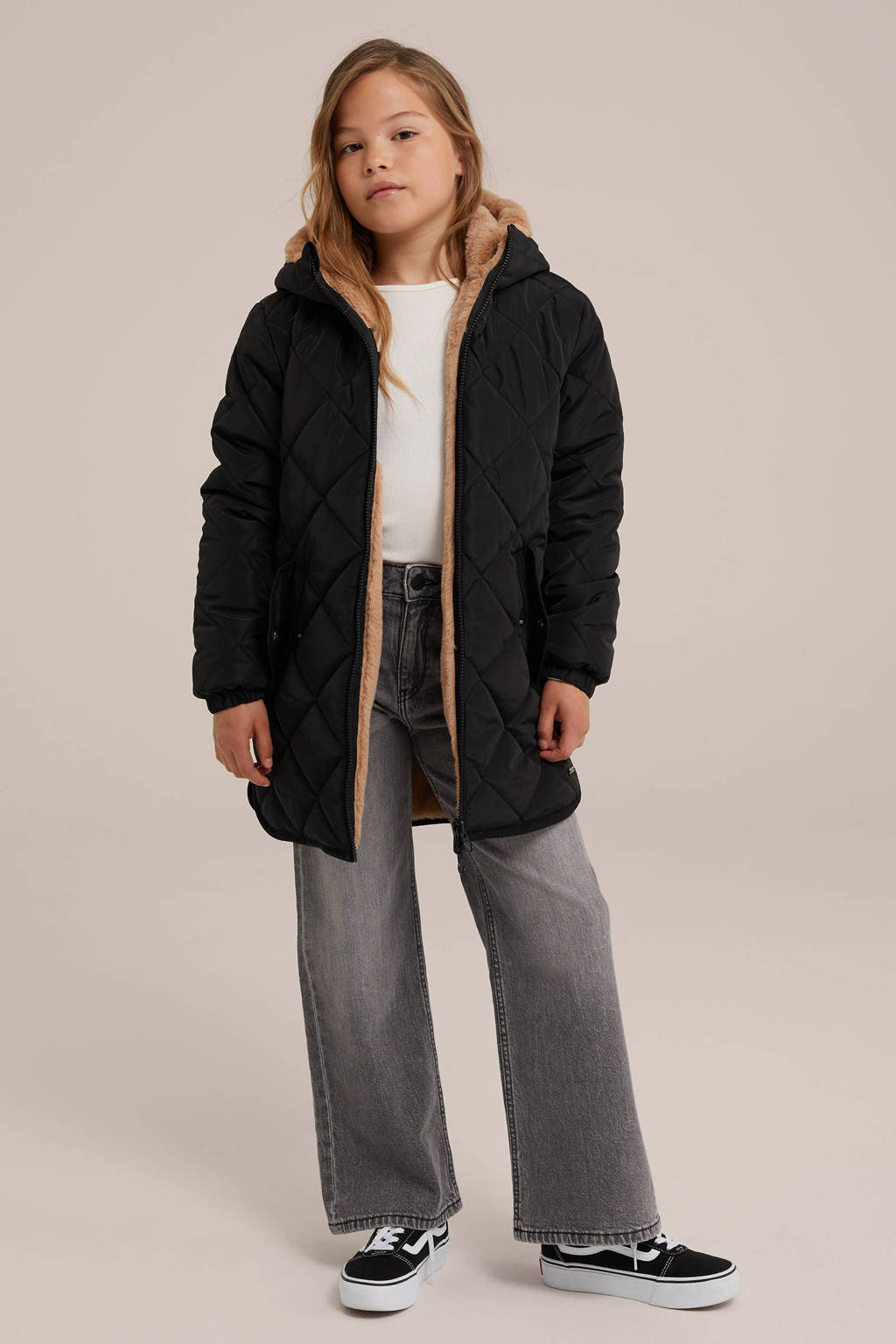 WE Fashion gewatteerde winterjas zwart/zand