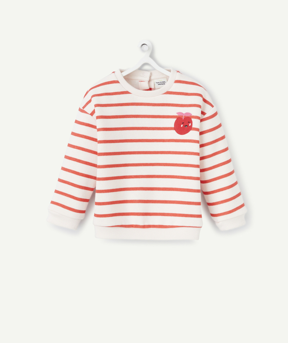 SWEAT BÉBÉ FILLE EN FIBRES RECYCLÉES RAYÉ ROUGE ET PATCH POMME