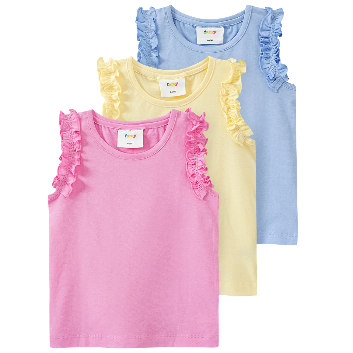 Famy 3 Mädchen Tops im Basic-Look rosa / hellgelb / hellblau