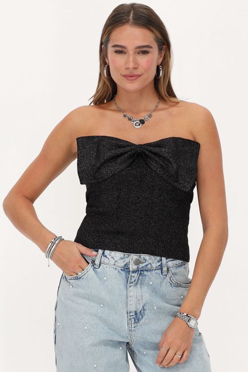 Zwarte lurex bandeau top met strik