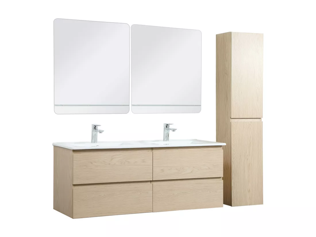 Ensemble meuble double vasque décor chêne 120cm + vasque + 2 miroirs + colonne