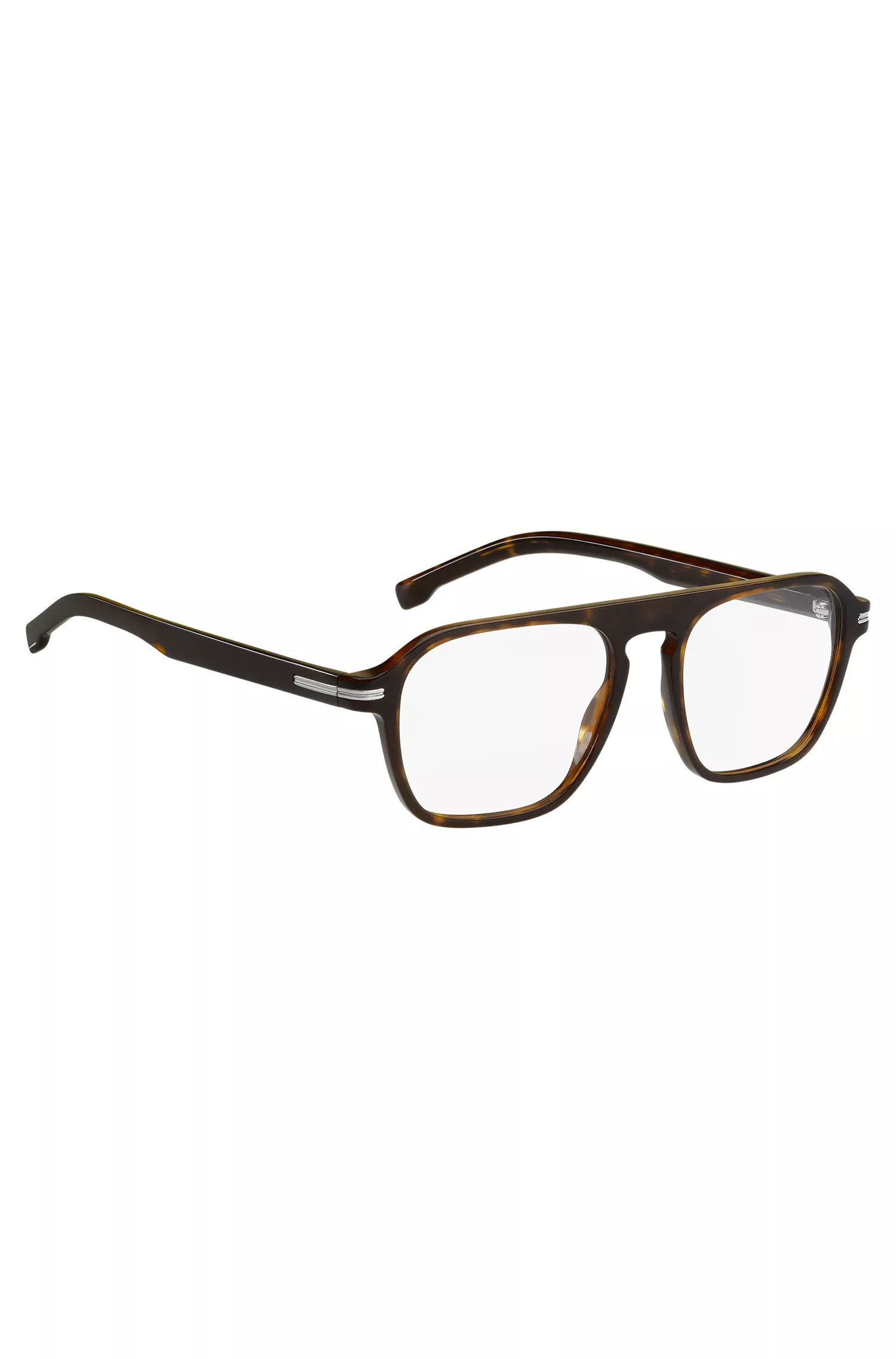 Armação de óculos BOSS em acetato preto com detalhes prateados exclusivos.