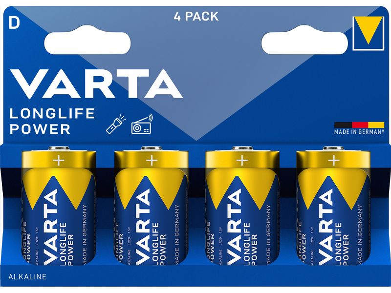 Varta Batterie Longlife Power D , 4 Stück Alkaline Batterie, 1.5 Volt