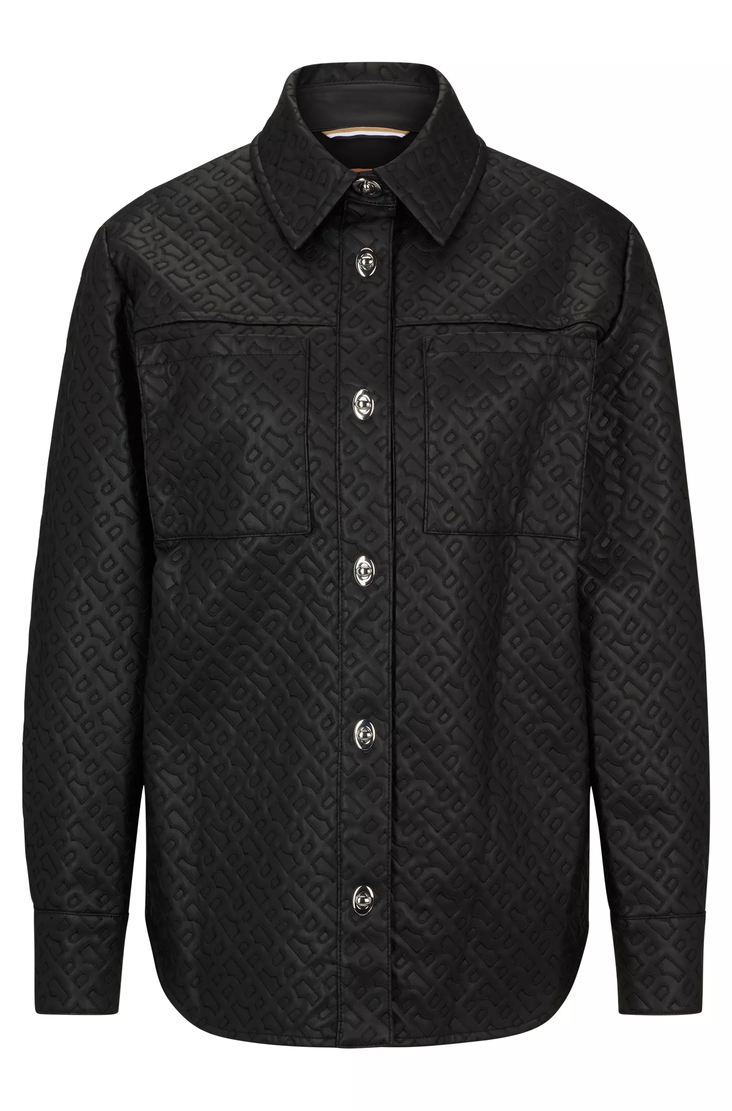Blusa BOSS preta de corte regular em couro sintético com monograma em relevo.