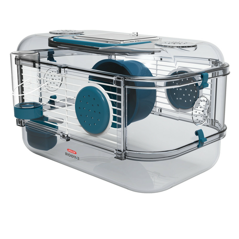 Cage mini rody3. Couleur bleu. Taille 33 x 21 x 18 cm h. Pour rongeur.