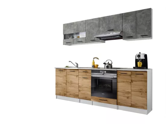 Cuisine Bigo 8 éléments - finition bas BOIS haut BETON 240 cm