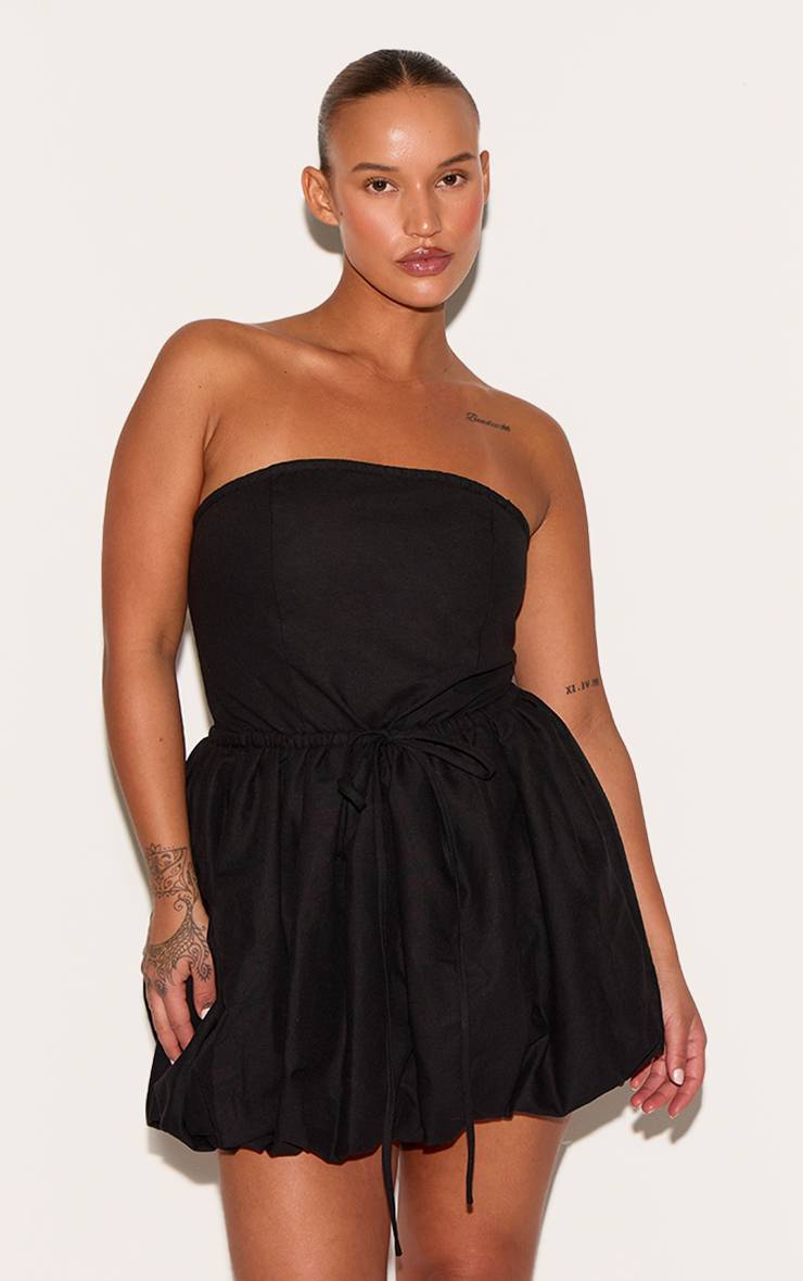 Noir Robe Bouffante Grande Taille En Lin À Encolure Bandeau Et Taille Nouée