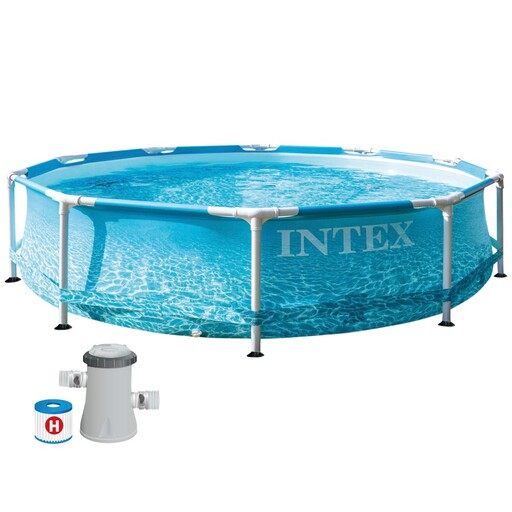 Piscina desmontável com purificador, 1250 L/h, estrutura metálica, Intex, para uso na praia.
