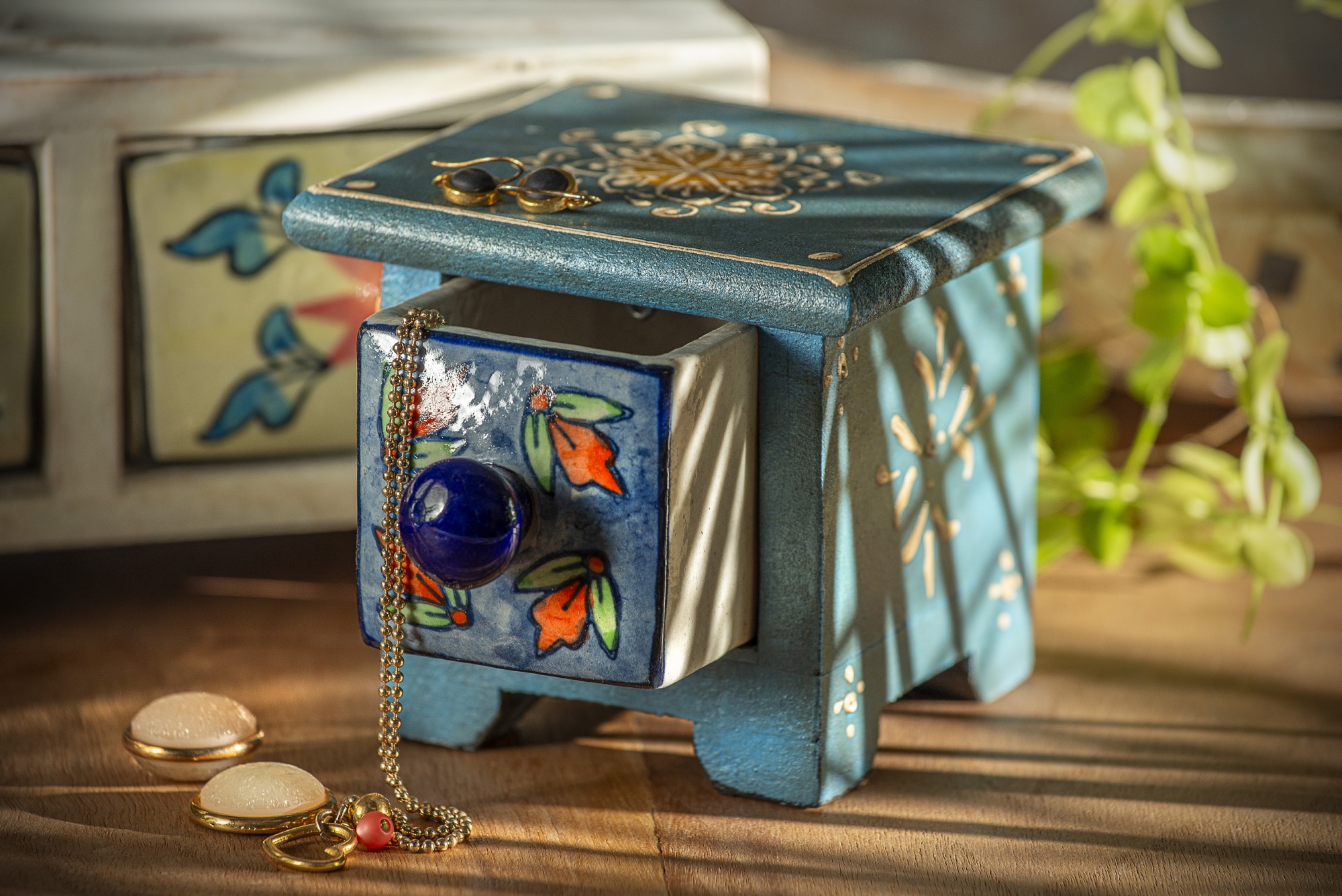 Schubladentruhe mit 1 Schublade, blau, L 10 cm, B 10 cm, H 9 cm von fischer's lagerhaus