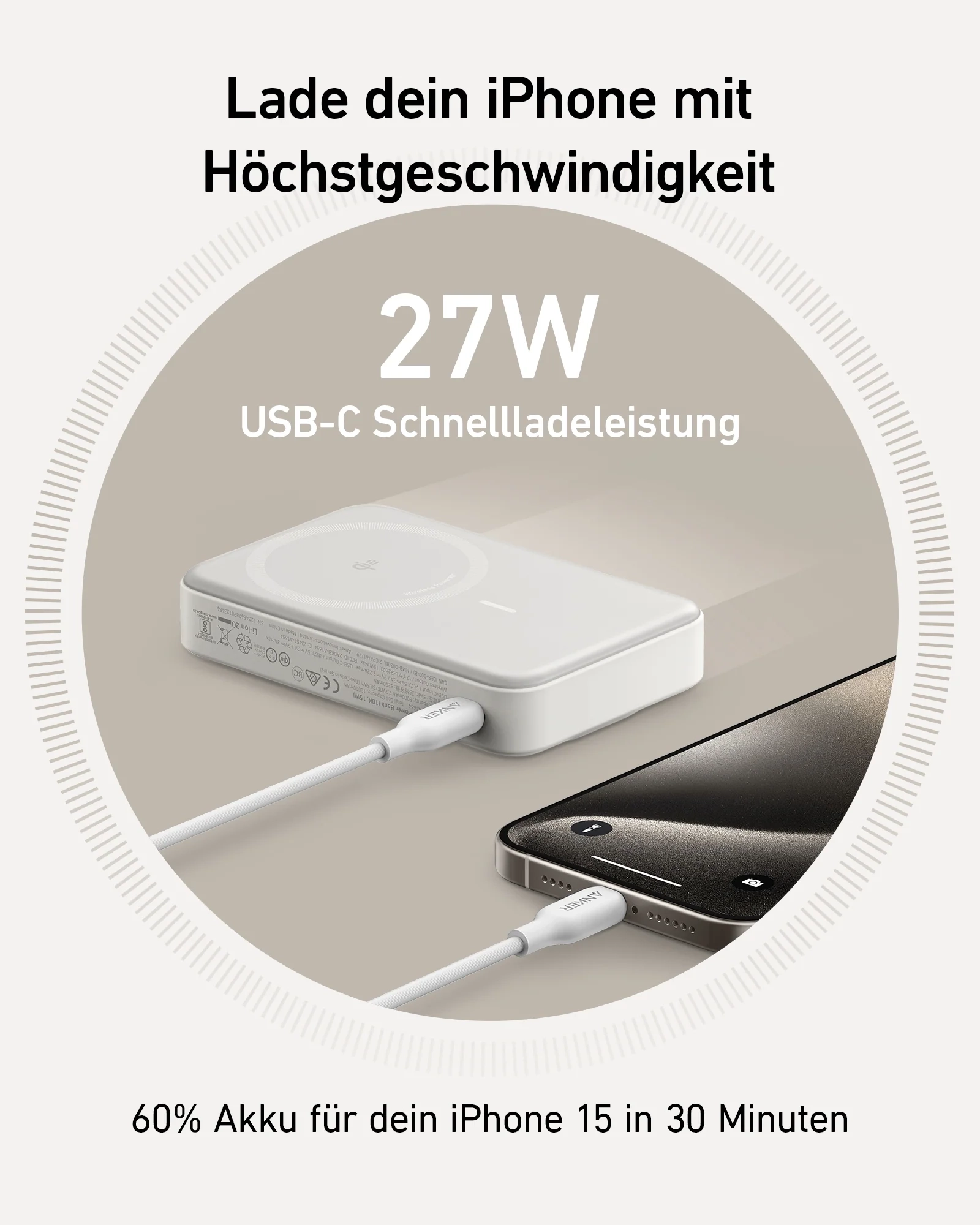 (15W) 10000mAh Magnetische Qi2 MagSafe MagGo Powerbank USB C Ladegerät mit LED Anzeige   Kickstand (A1654G21) - Weiss