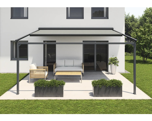 SOLUNA Pergola met stoffen dak 4x3, stoffen dessin S1469, frame RAL 7016 antracietgrijs, aandrijving links inclusief motor, wandschakelaar (wandmontage)