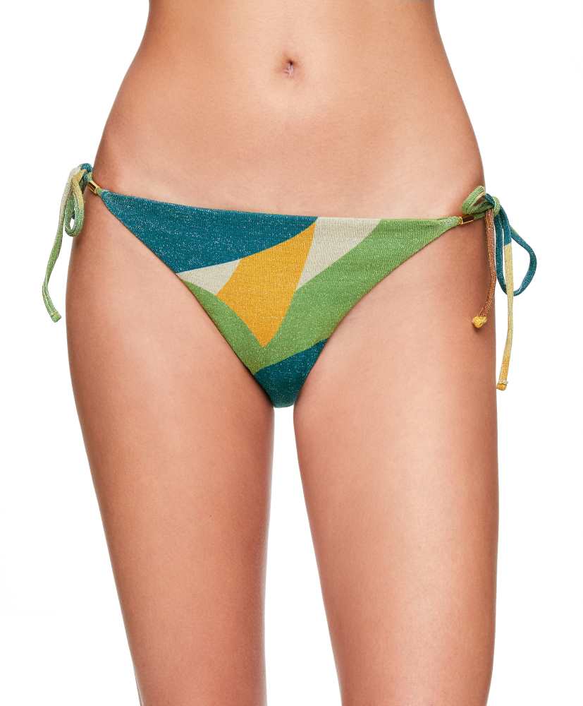 Calcinha de biquíni com amarrações em jacquard e glitter.