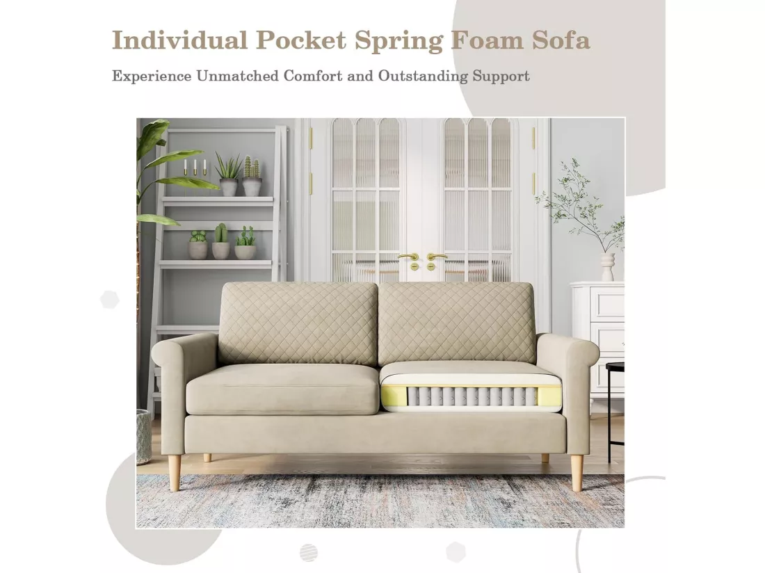 Canapé 2 places confort assise profonde en velours, pieds en bois, 164x76x85cm, Beige
