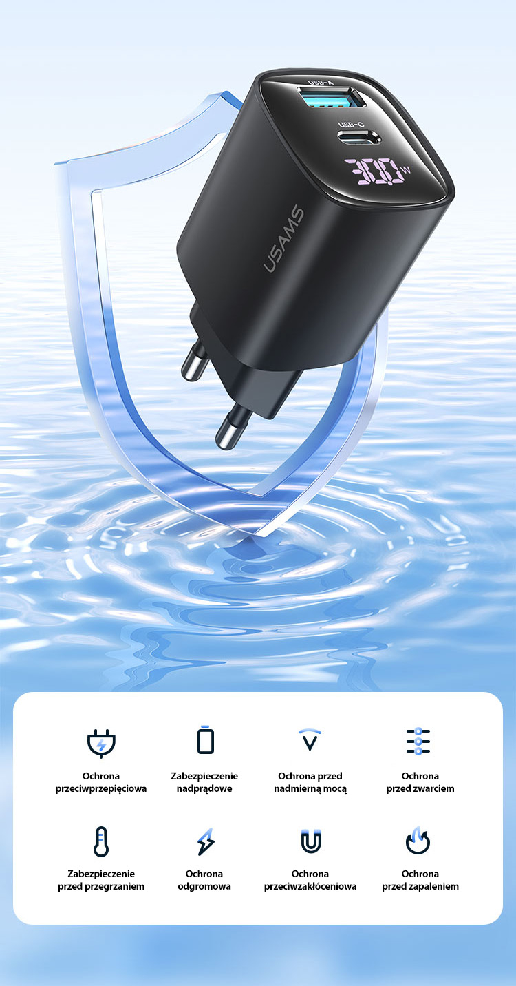 (30W/3A) USB A / USB C GaN Ladegerät Netzteil Power Delivery mit LED Anzeige (USA001440) - Schwarz