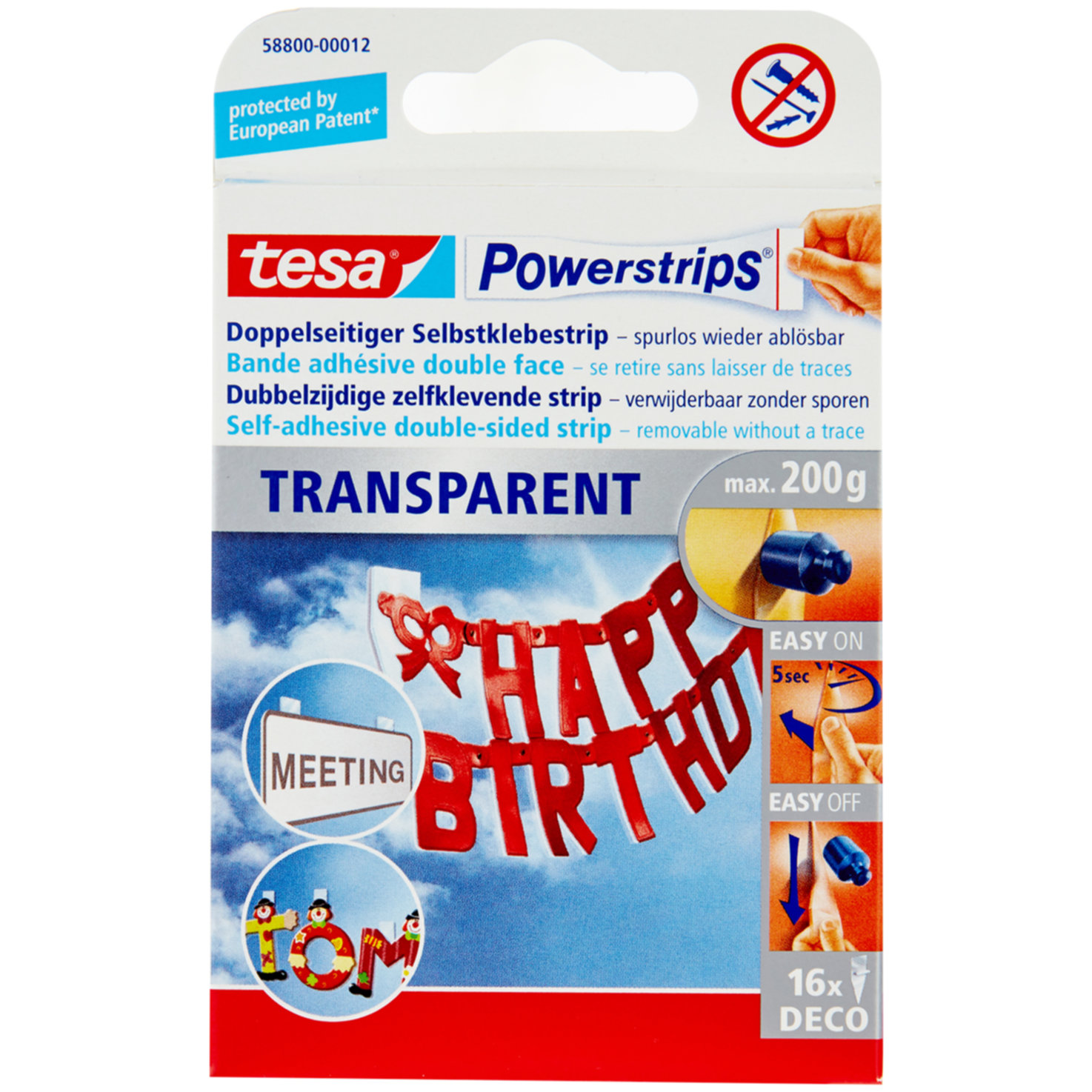 tesa Powerstrips® Deco - selbstklebend, doppelseitig, transparent, für die temporäre Befestigung leichter Dekorationsartikel (bis 200g), rückstandslos entfernbar