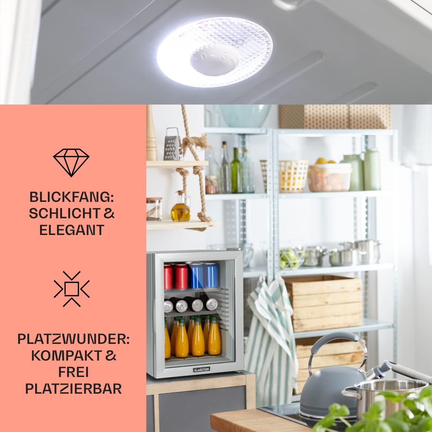 Klarstein Kühlschrank, Mini Kühlschrank mit Glastüre, Mini-Kühlschrank für Getränke, Snacks & Kosmetik, Kühlschrank Klein & Leise, Verstellbare Ablagen, Kleiner Skincare Kühlschrank 12-18°C, 42L