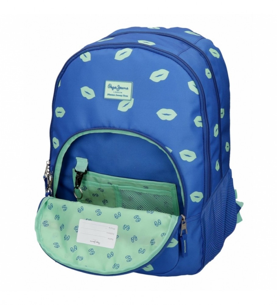 Mochila Pepe Jeans Ruth com zíper duplo e rodinhas - 32x44x22cm - Azul