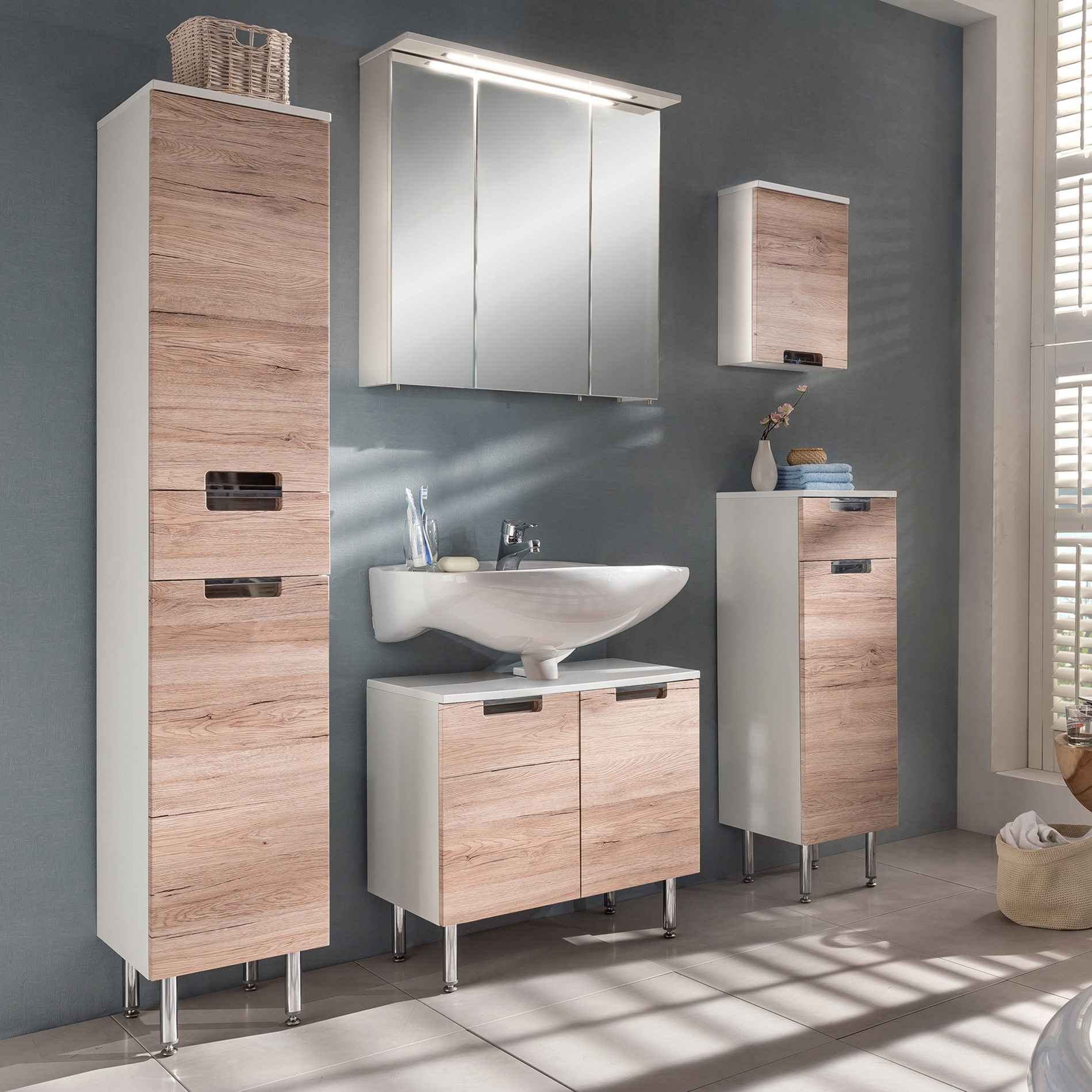 Hochschrank - weiß-Sanremo Eiche - 33 cm