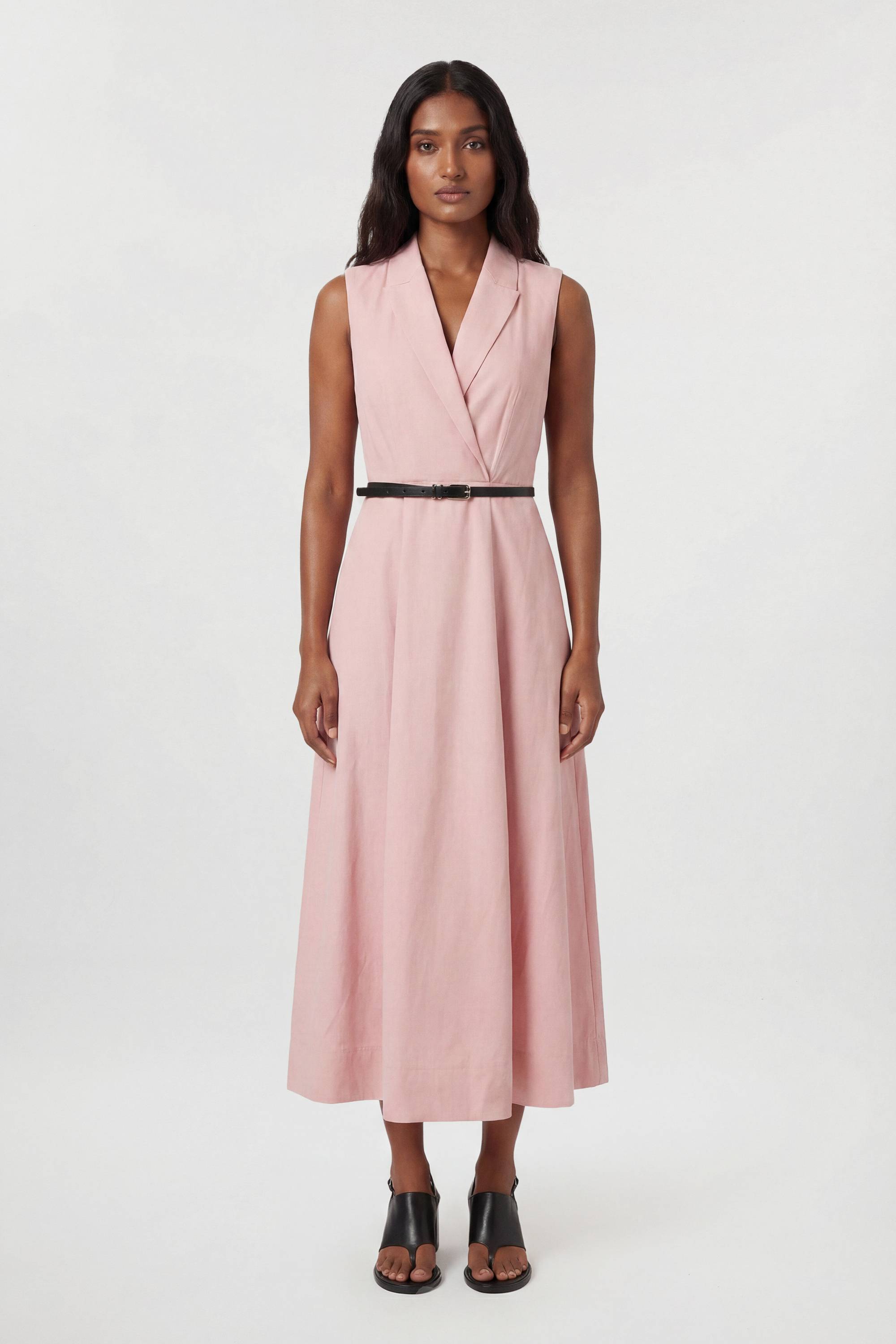 KarenMillen Robe Midi Cintrée À Ceinture En Viscose Lin Premium Avec Jupe Ample Et Coupe Ajustée