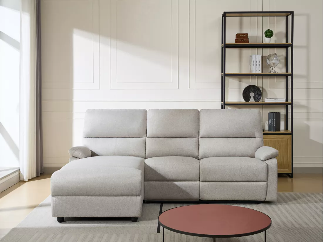 Canapé d'angle gauche relax électrique en tissu beige LUNANO