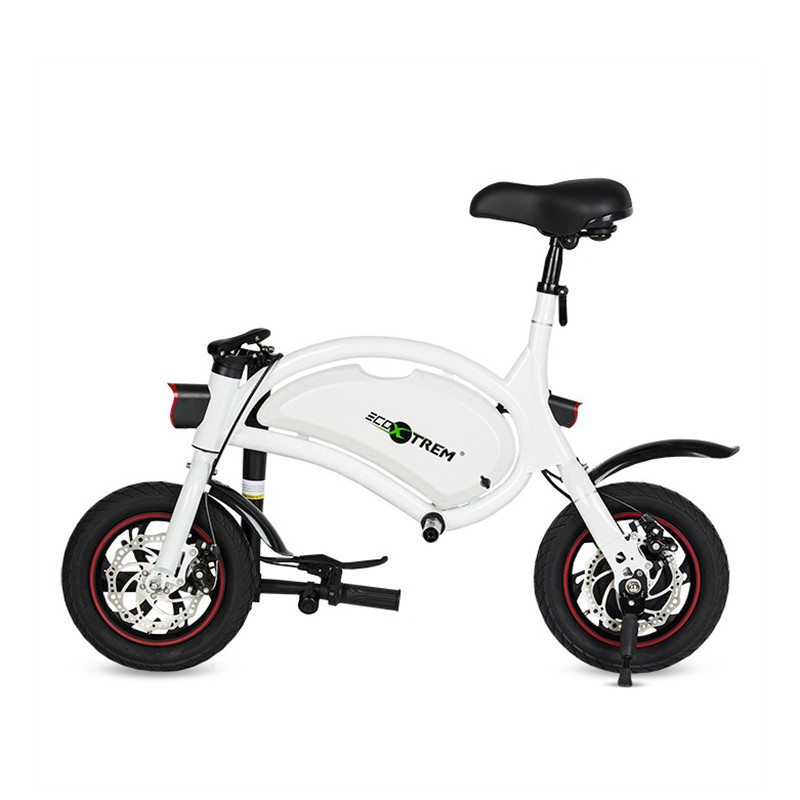 Patinete elétrico de 250 W com assento e apoio para os pés.