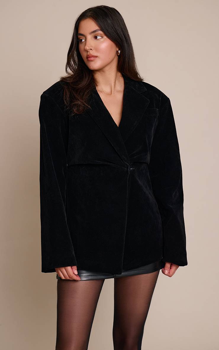 Noir Blazer En Synthétique Avec Taille Cintrée
