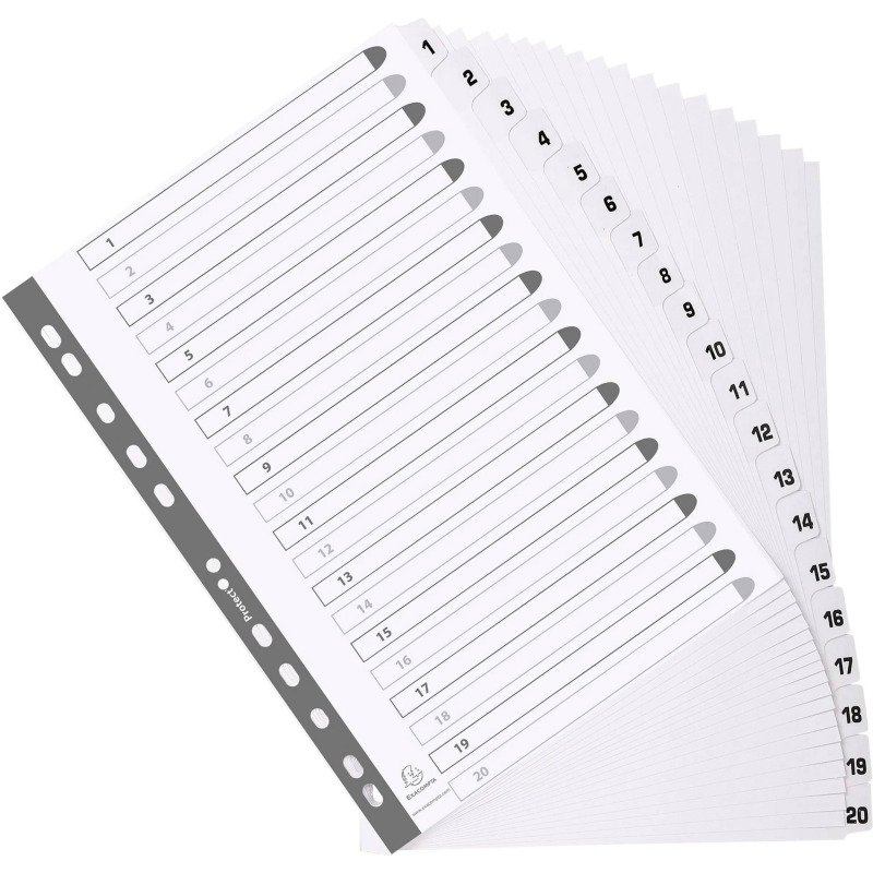 Intercalaire A4 carte blanc Exacompta 20 onglets numériques - 1 jeu