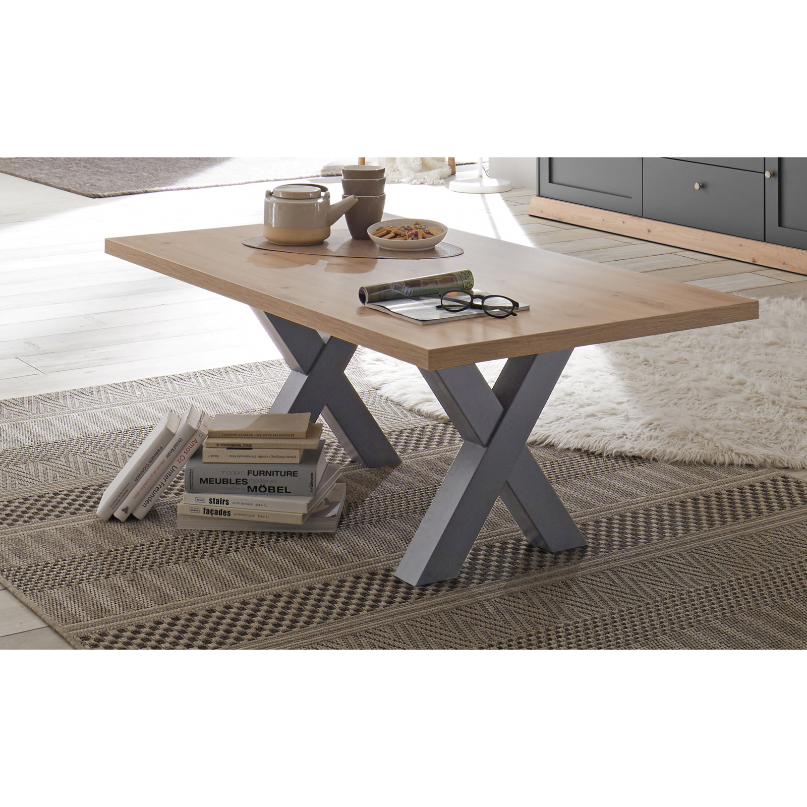 Salontisch Mister X-Fuss Dekor 120 x 47 x 70 cm Asteiche
