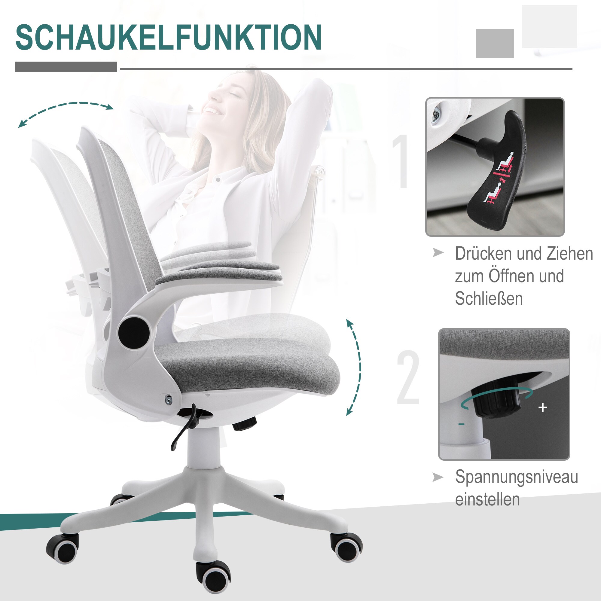 Vinsetto Bürostuhl mit Wippfunktion höhenverstellbar Grau+Weiß 62,5 x 60 x 90-98 cm (BxTxH)