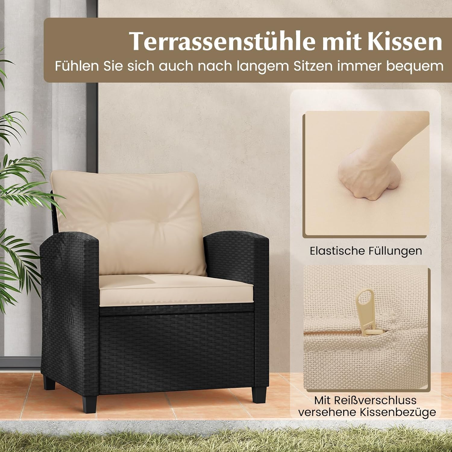 COSTWAY 3-TLG. Rattan Gartenmöbel Set, Balkonmöbel mit Kissen, 2 Stühlen und Tisch, Polyrattan Balkonset, Terrassenmöbel, Gartengarnitur, Sitzgruppe für Terrasse, Balkon, Garten (Beige)