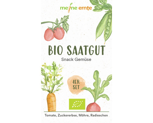 Biologische zaden, mijn oogst, snackgroenten: tomaat, wortel, erwten, radijsjes