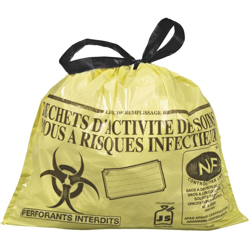 Sac poubelle 15 litres NF Déchets hospitaliers à liens coulissants Hostosacs jaune - 500 sacs