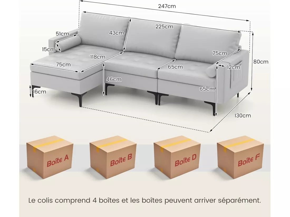 Canapé Convertible à 3 Places, Canapé d'angle en Cuir Aérien avec 2 Ports USB, Gauche ou Droite, 3 Coussins, 2 Traversins, Chaise Longue Moderne pour Salon, Bureau
