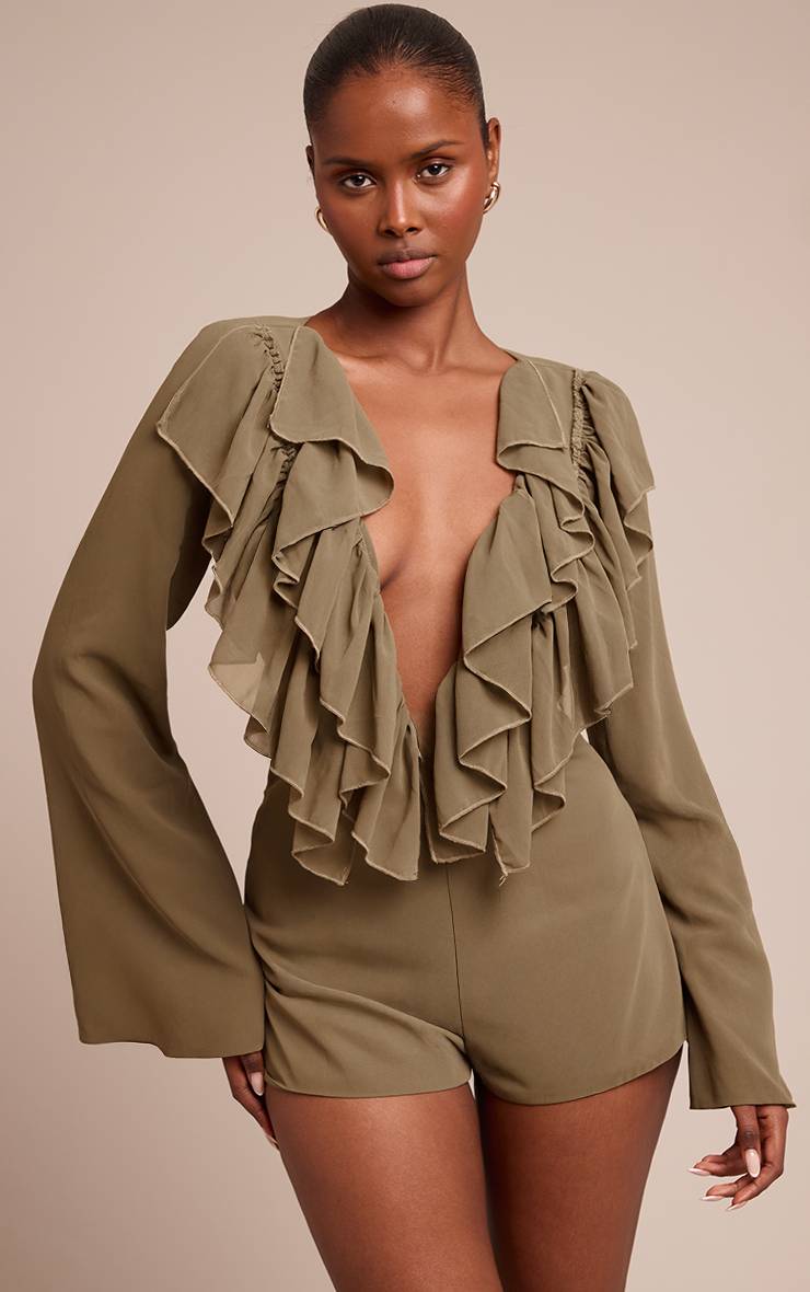 Vert Olive Combinaison-short Col V À Détails Volantés