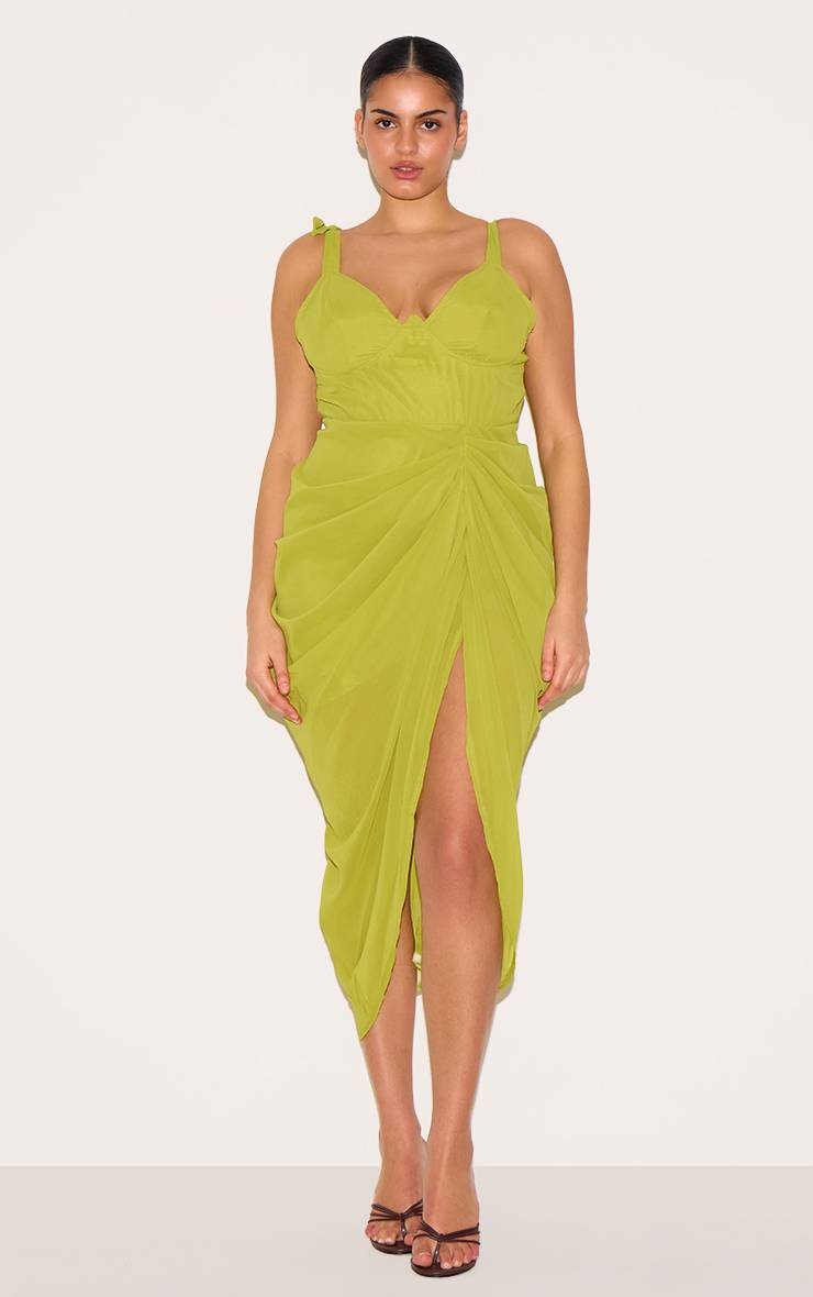 Vert Olive Robe Midi Drapée Grande Taille Avec Détail À Armatures