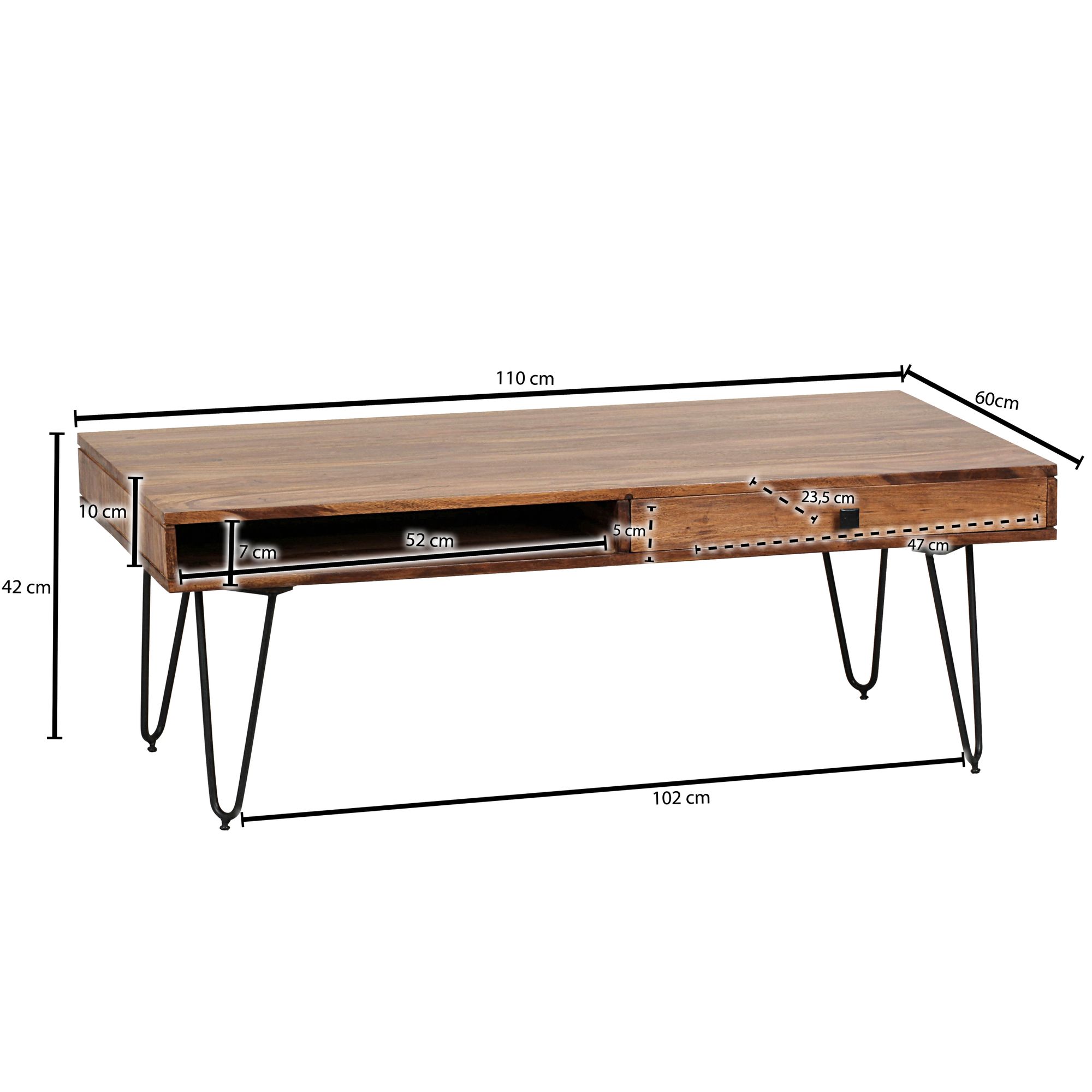 KADIMA DESIGN Couchtisch BALU mit Schubfächern: 120x60x43 cm, Sheesham Massivholz, Metallfüße, leichter Aufbau