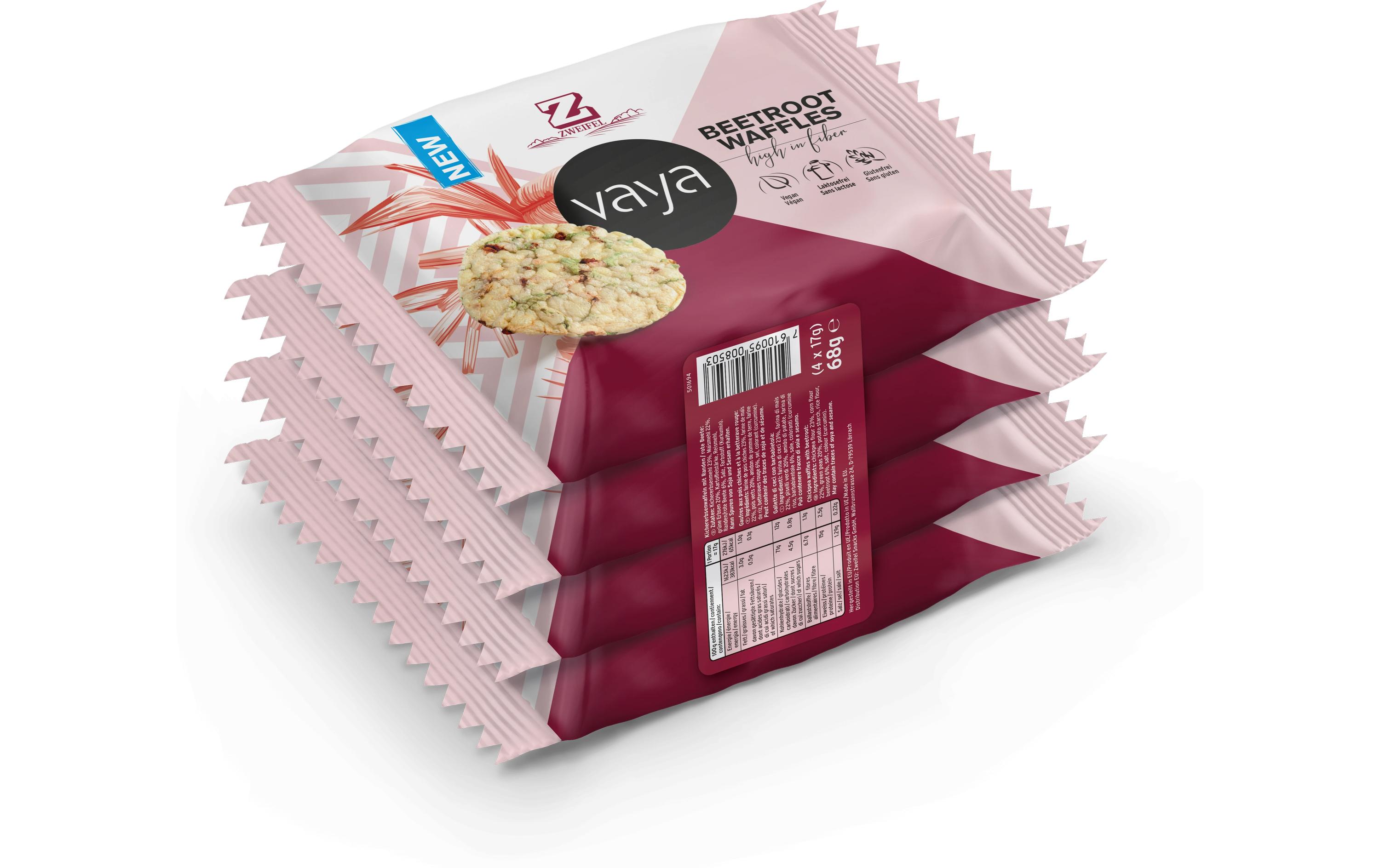 Vaya Beetroot Waffles 4 x 17 gHochwertige Waffeln auf Basis von Kichererbsenmehl
