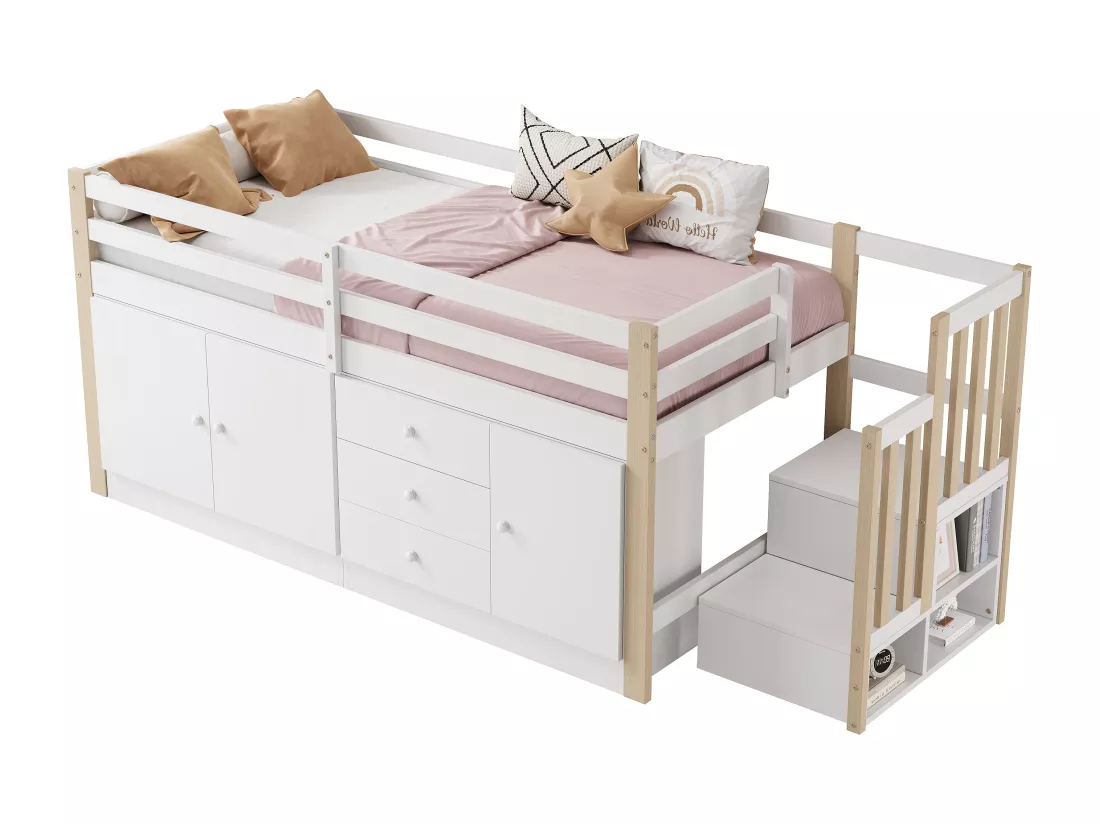 Lit mezzanine pour enfant 90x200 cm - avec armoires et tiroirs - Blanc + Naturel