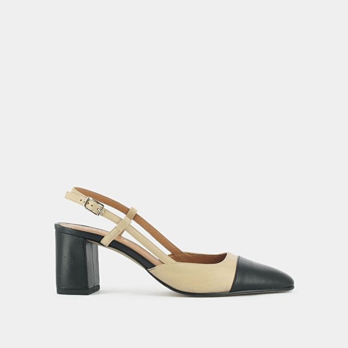 Babies à talons  en cuir noir et beige