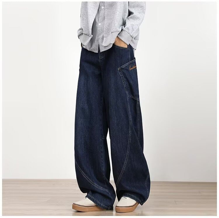 Urtishia - Mid Rise Lettering Geborduurde Gewassen Wijde Cargo Jeans