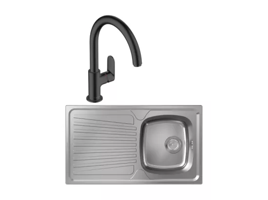 Evier 1 bac HANSGROHE S21 inox + robinet de cuisine HANSGROHE Vernis Blend M35 210 noir mat
