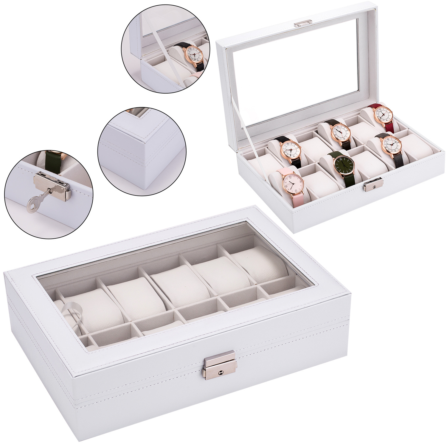 (12 Slots) Uhrenbox Schmuckschatulle Organizer mit Glasdeckel - Weiss