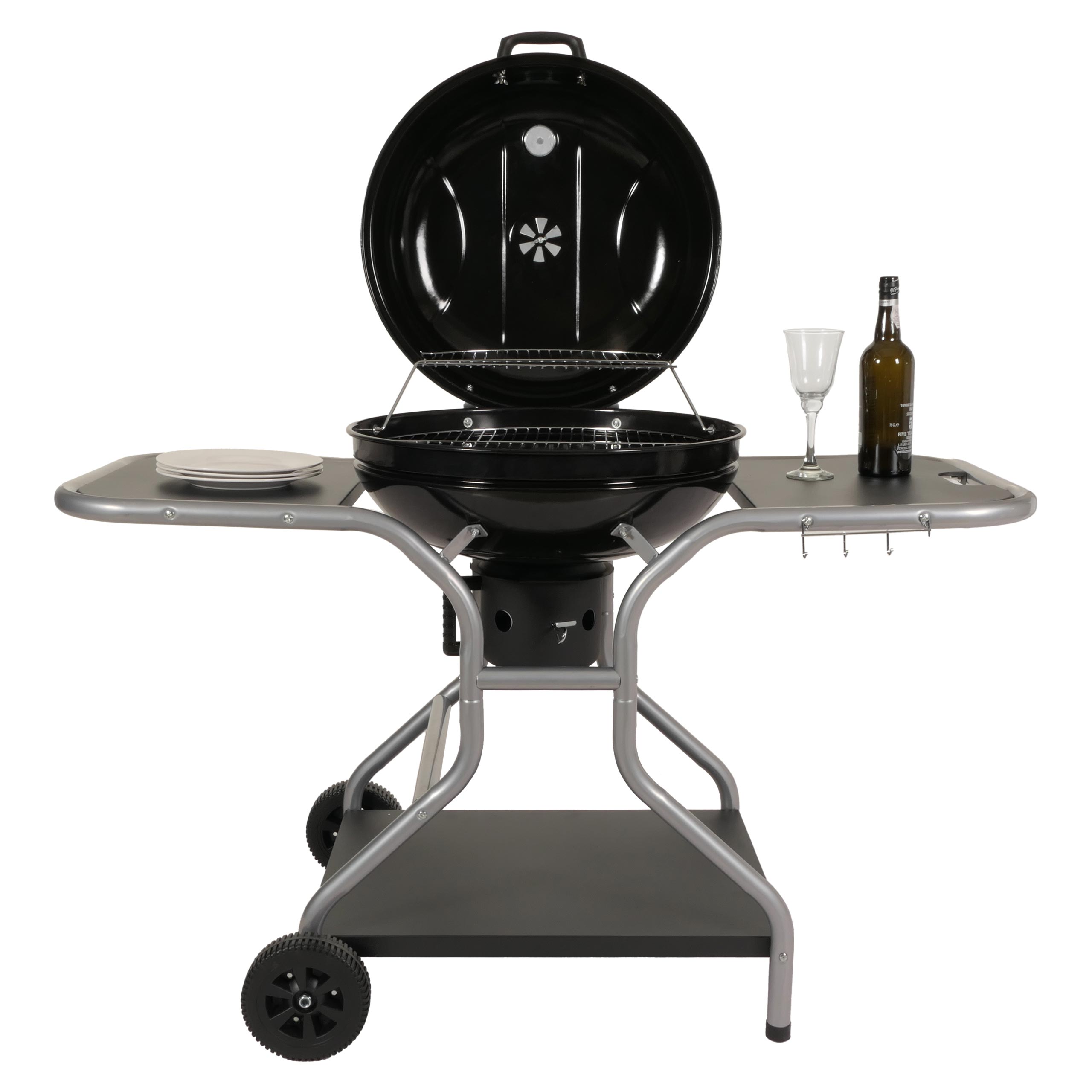 Grillwagen MCW-N16, Holzkohlegrill Standgrill Gartengrill mit Deckel drei Ablagen, Stahl Emaille 143x131x66cm schwarz