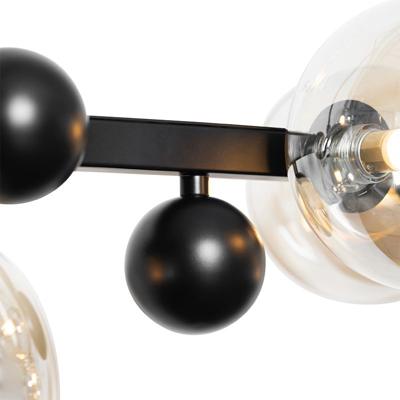 Art deco hanglamp zwart met amber glas 8-lichts - David