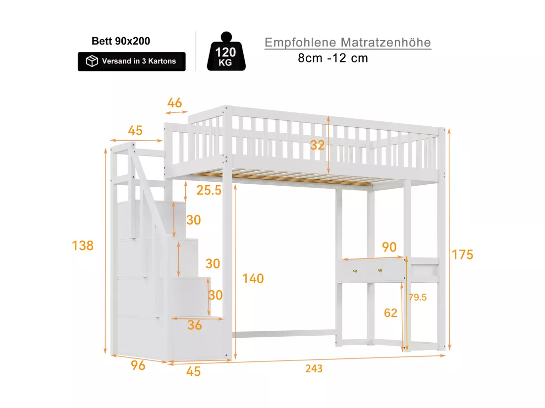 Lit mezzanine 90x200cm en bois - avec table et escalier de rangement - Blanc
